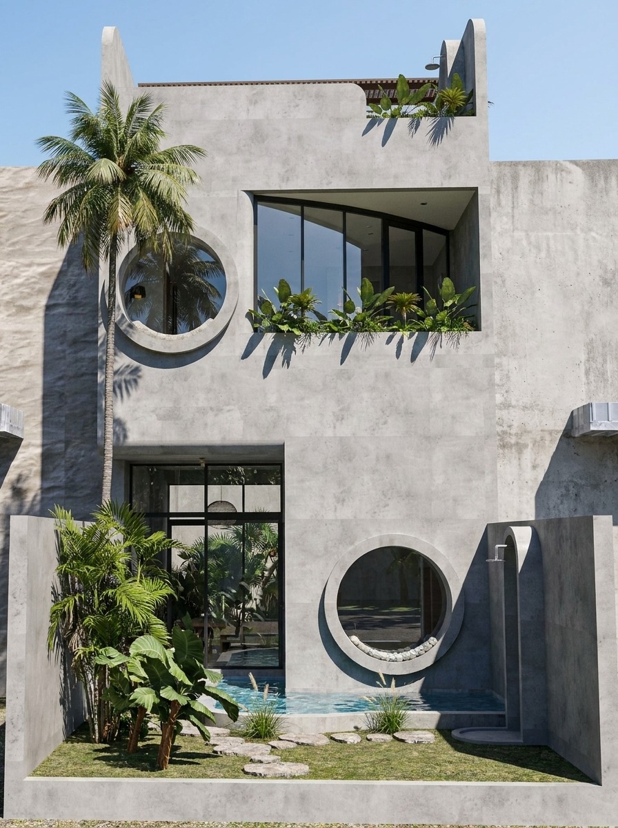 Villa facade with circular oculus openings, private pool and outdoor shower