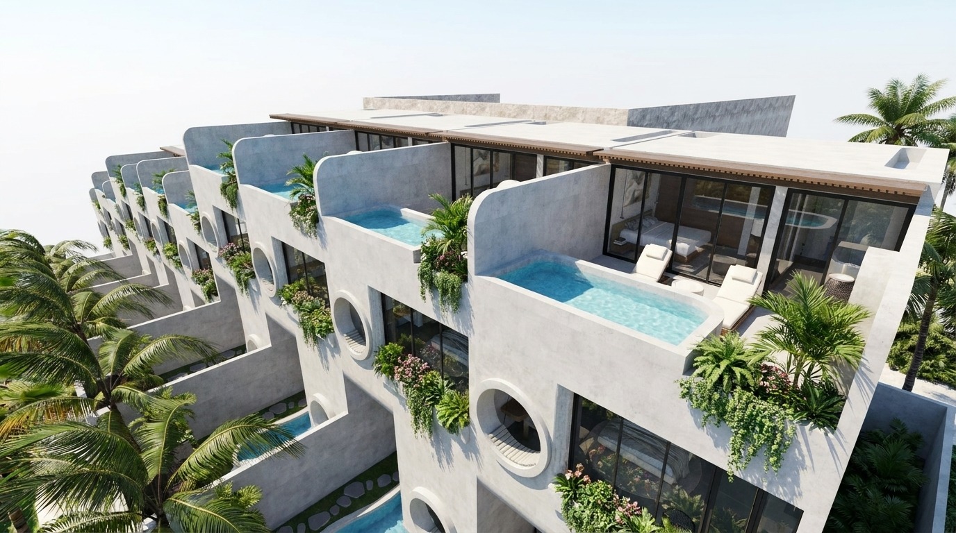 Aerial view of the rooftop terraces with a private pool on every level