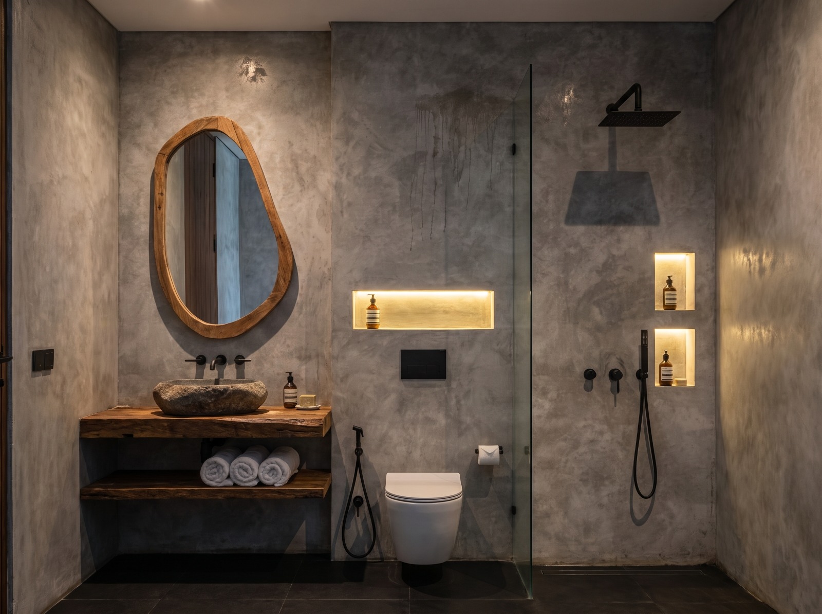 Guest bathroom with river-stone basin, organic teak mirror and walk-in shower