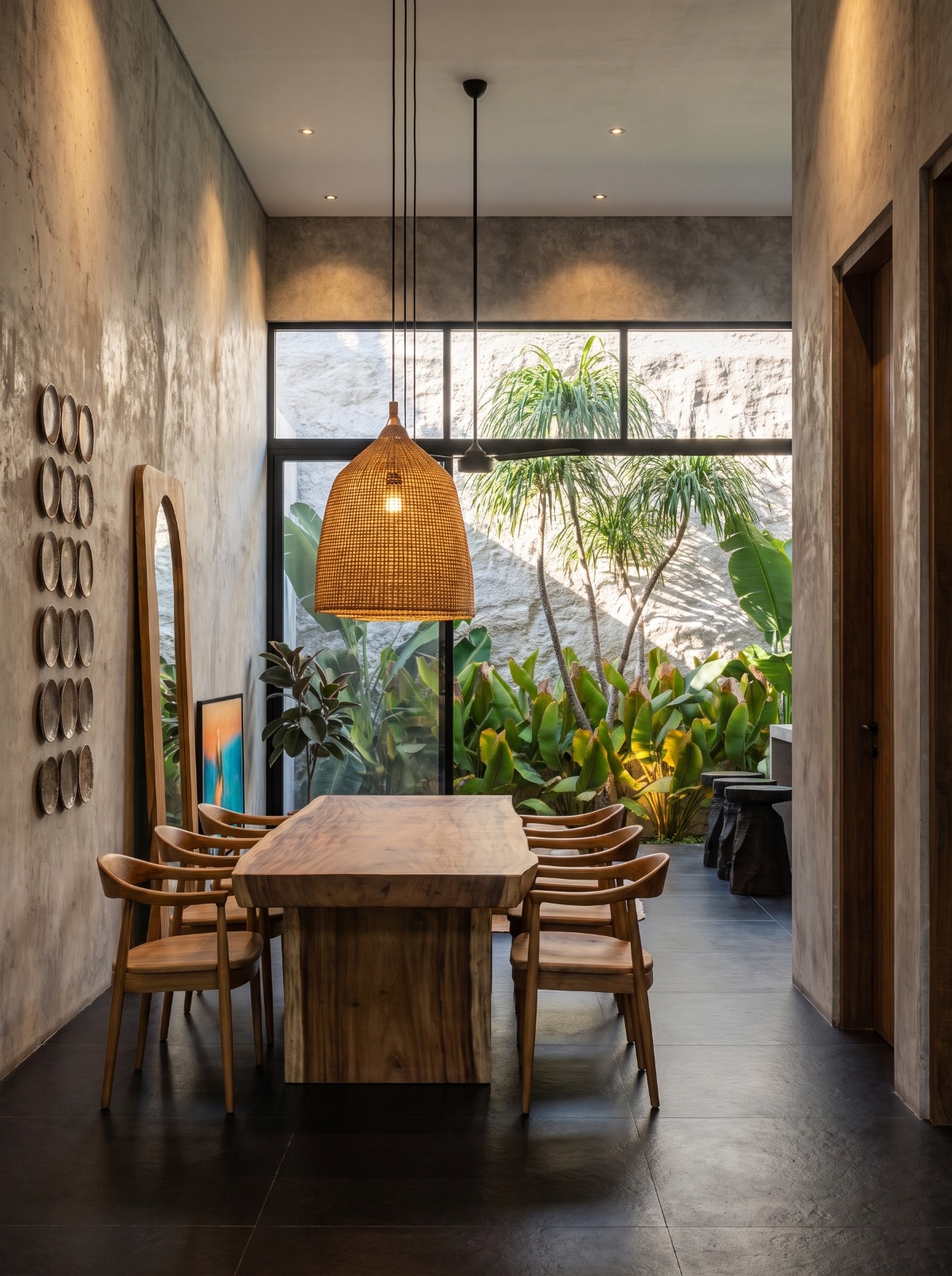 Dining table in solid suar wood facing the courtyard garden