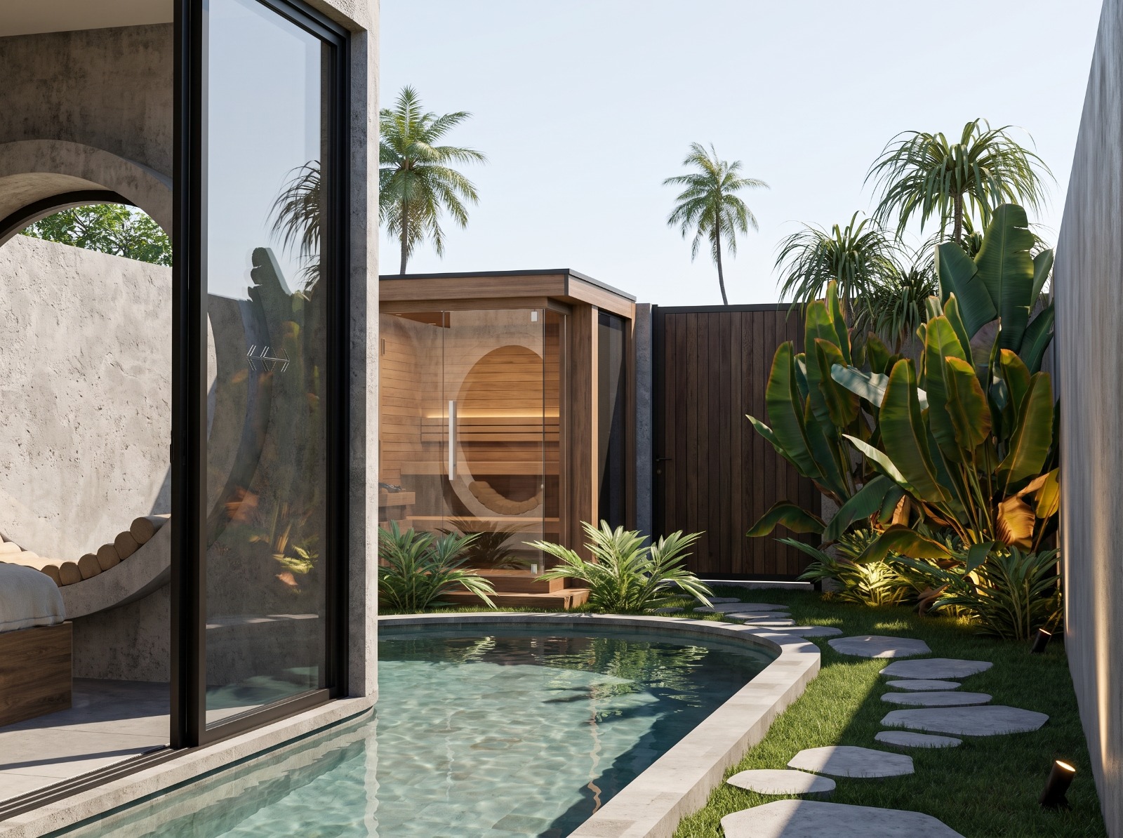 Private pool with cedar sauna cabin, outdoor shower and stepping-stone garden