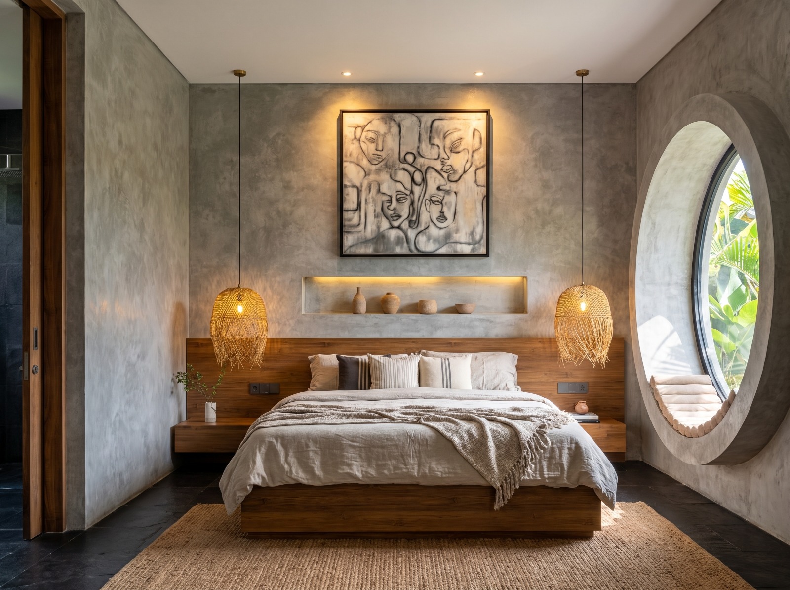 Guest bedroom with teak headboard, rattan pendants and oculus reading nook onto the garden