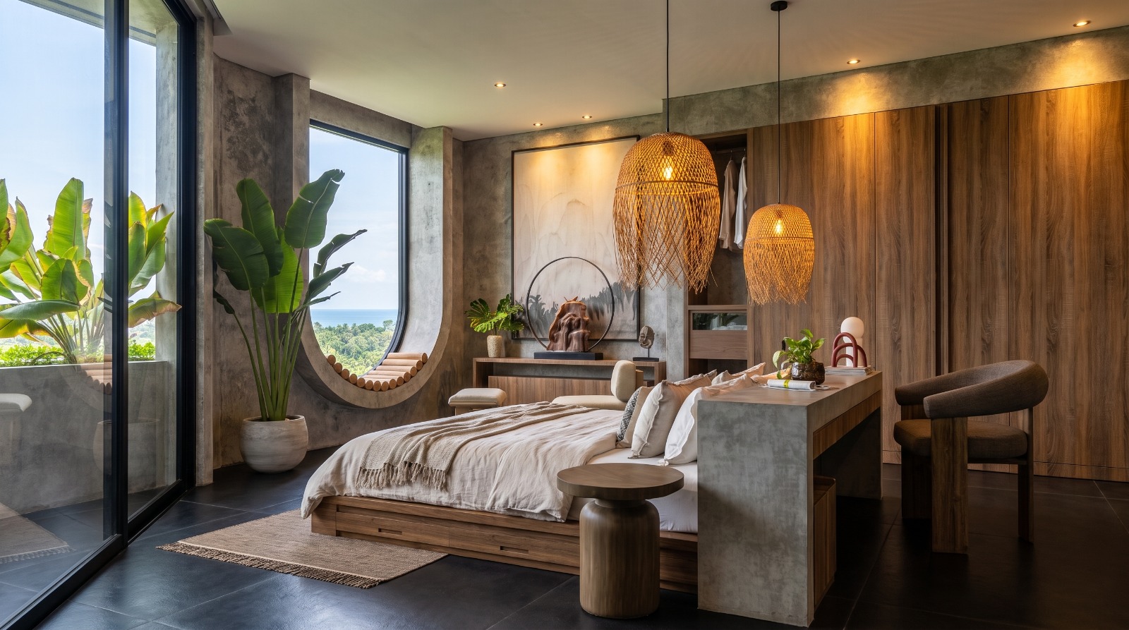 Master bedroom with oculus window framing the ocean and full-height glazing