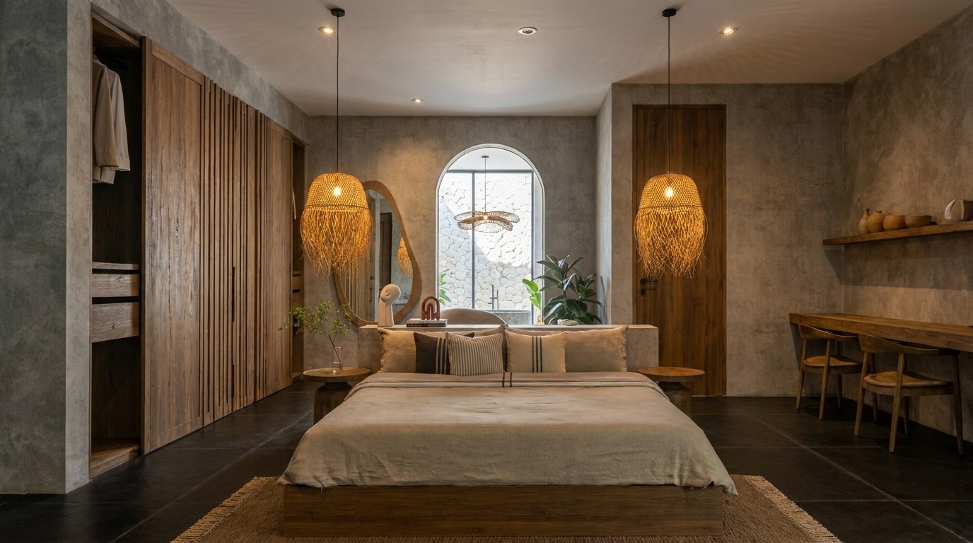 Master bedroom with walnut walk-in wardrobe and arched window to the limestone wall