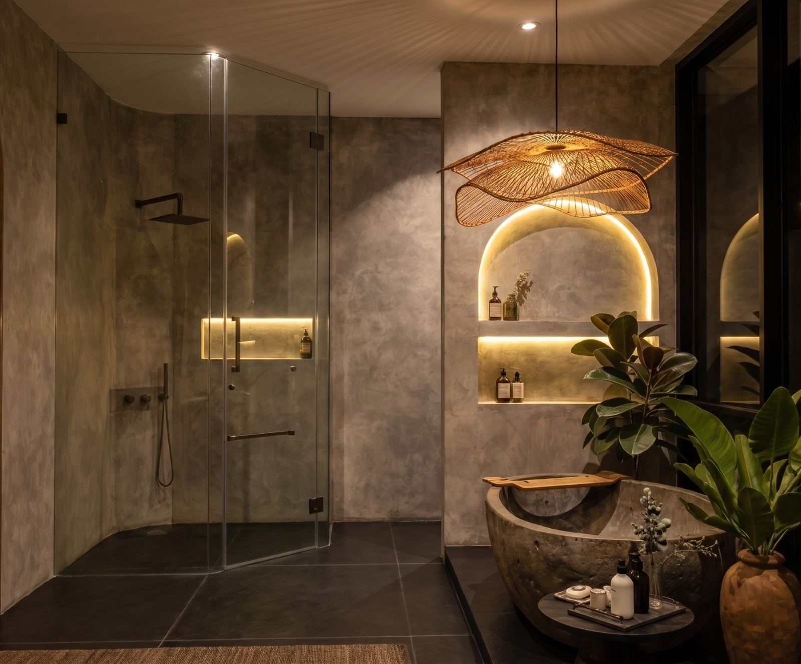 Master bathroom with glass walk-in shower and backlit arched niche