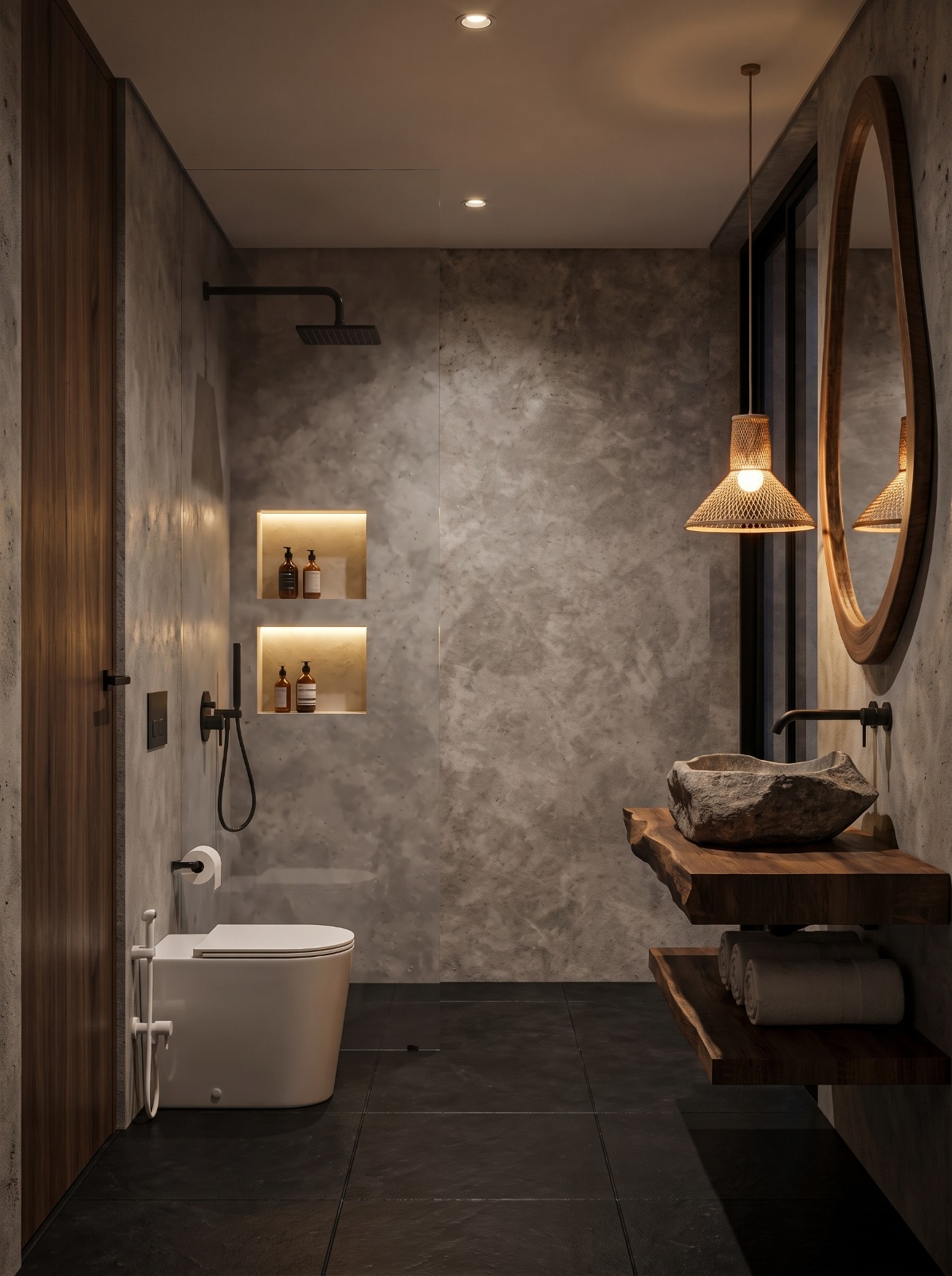 Rooftop bathroom with river-stone basin on live-edge timber, round teak mirror and walk-in shower