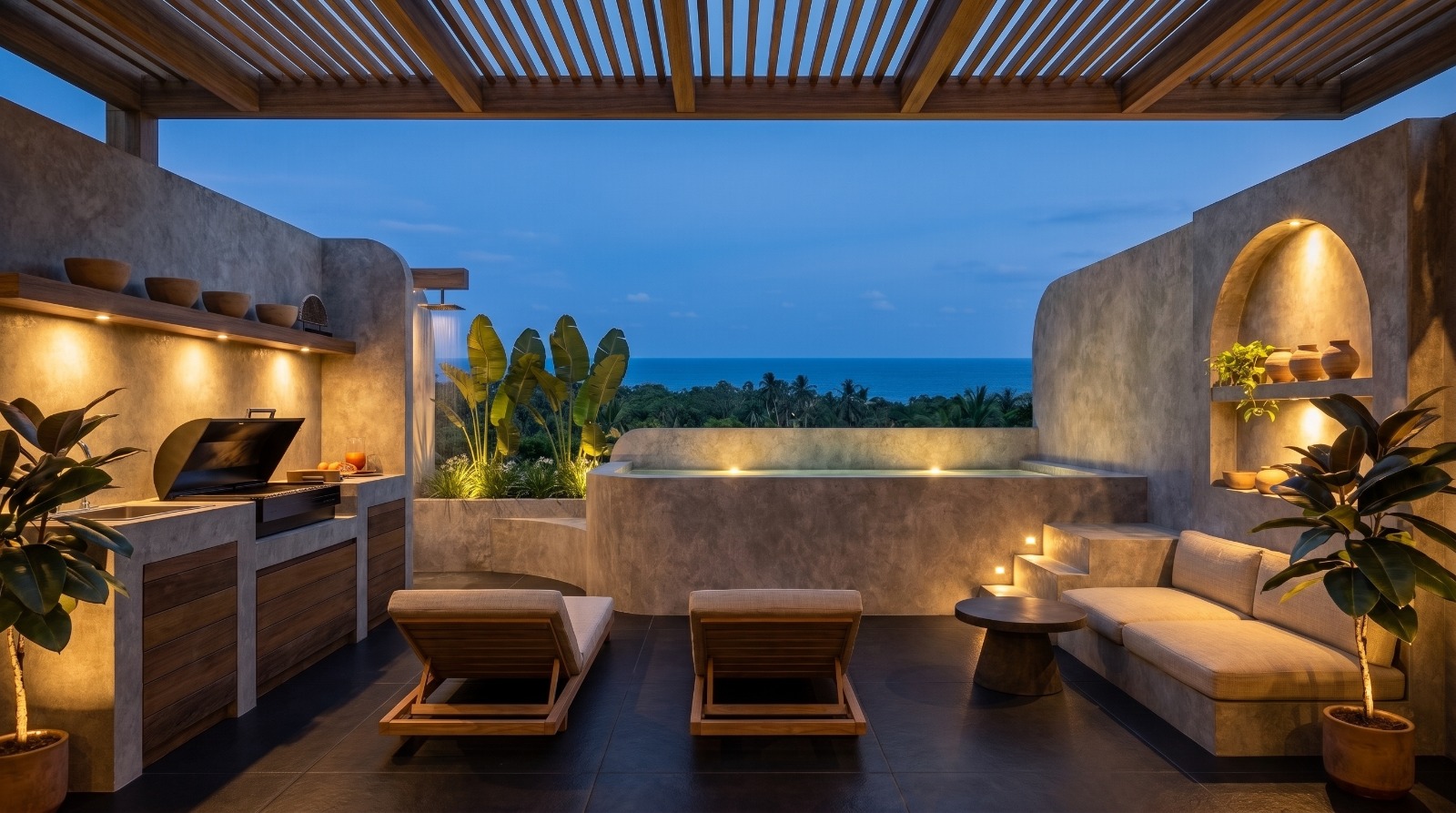 Rooftop at dusk — teak pergola, outdoor kitchen, pool and lit banquette over the ocean