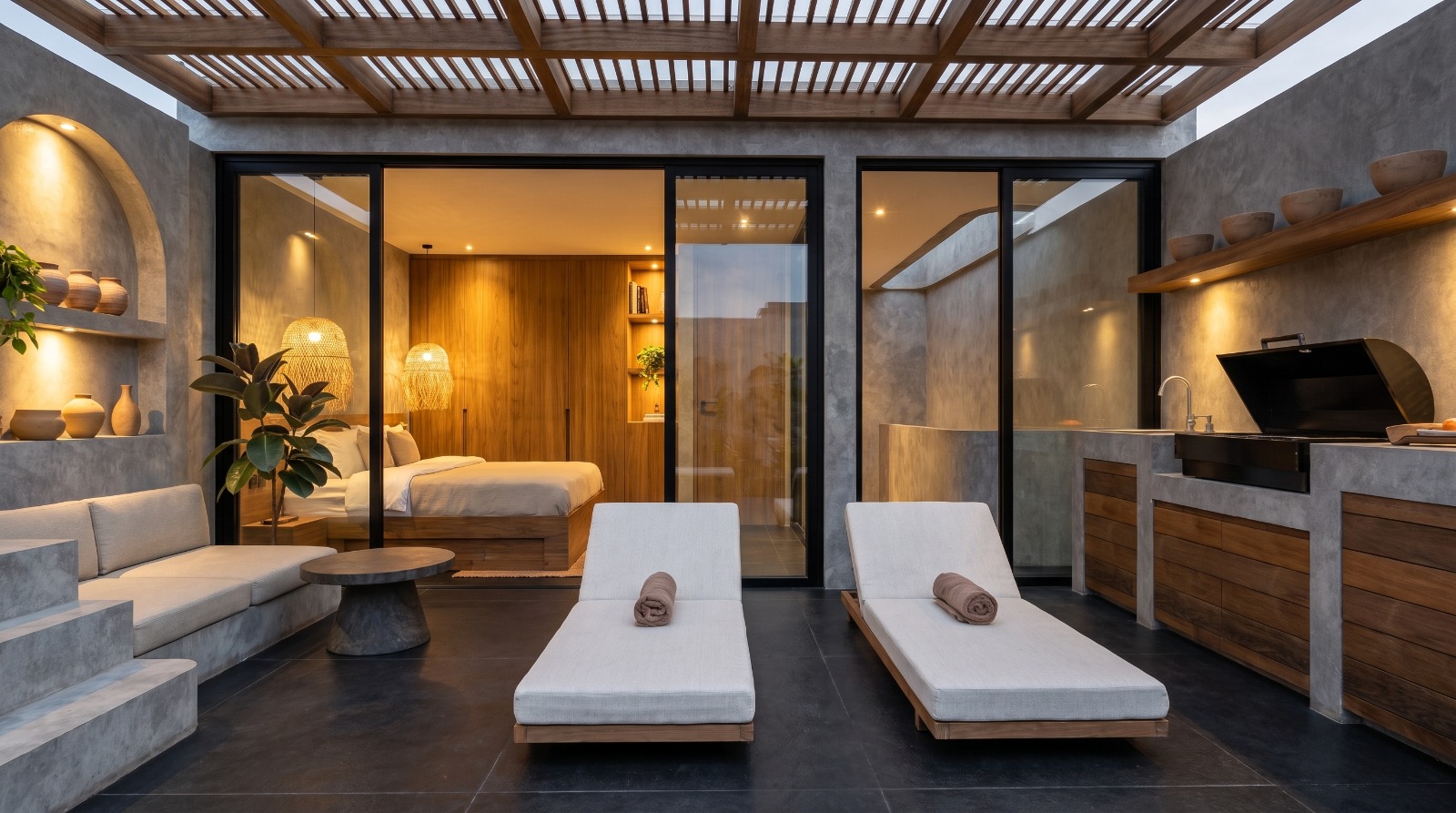 Rooftop terrace under the pergola, looking back into the bedroom