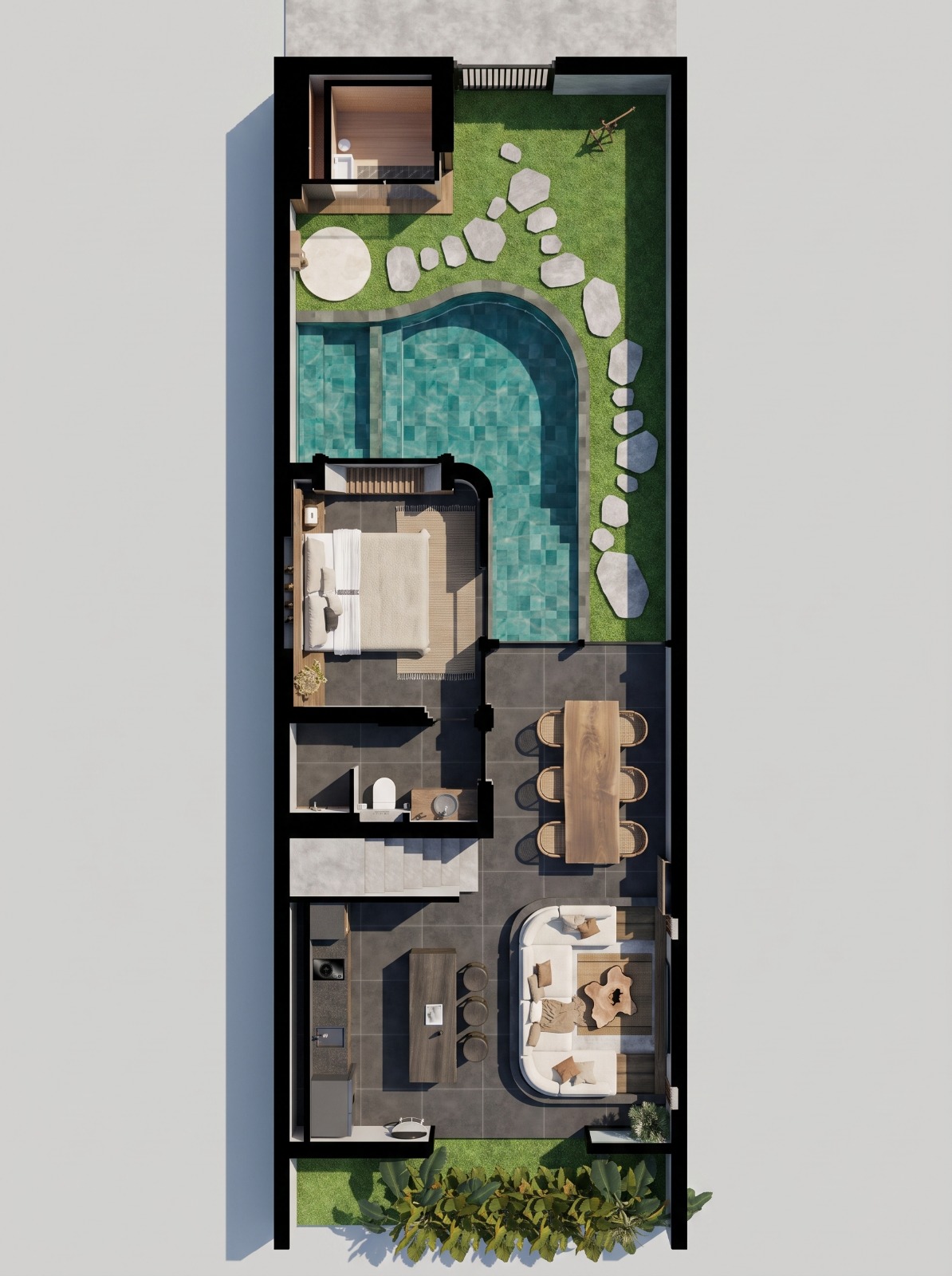 First floor plan — sauna, private pool, bedroom, bathroom, dining, living room and kitchen. Overall 18.57 × 6.45 m