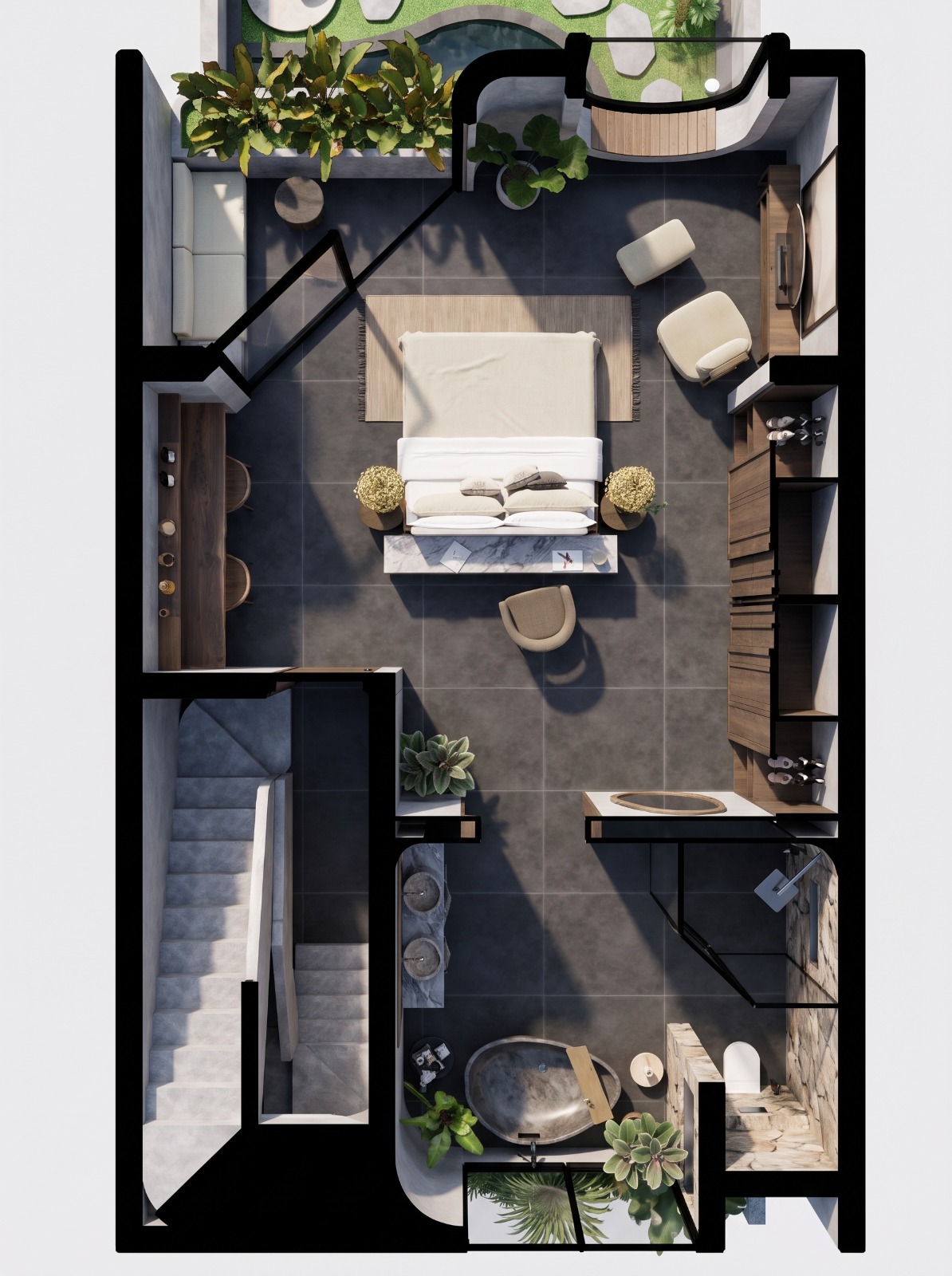Second floor plan — master bedroom, walk-in wardrobe, master bathroom and private terrace. Built envelope 10.80 × 6.45 m