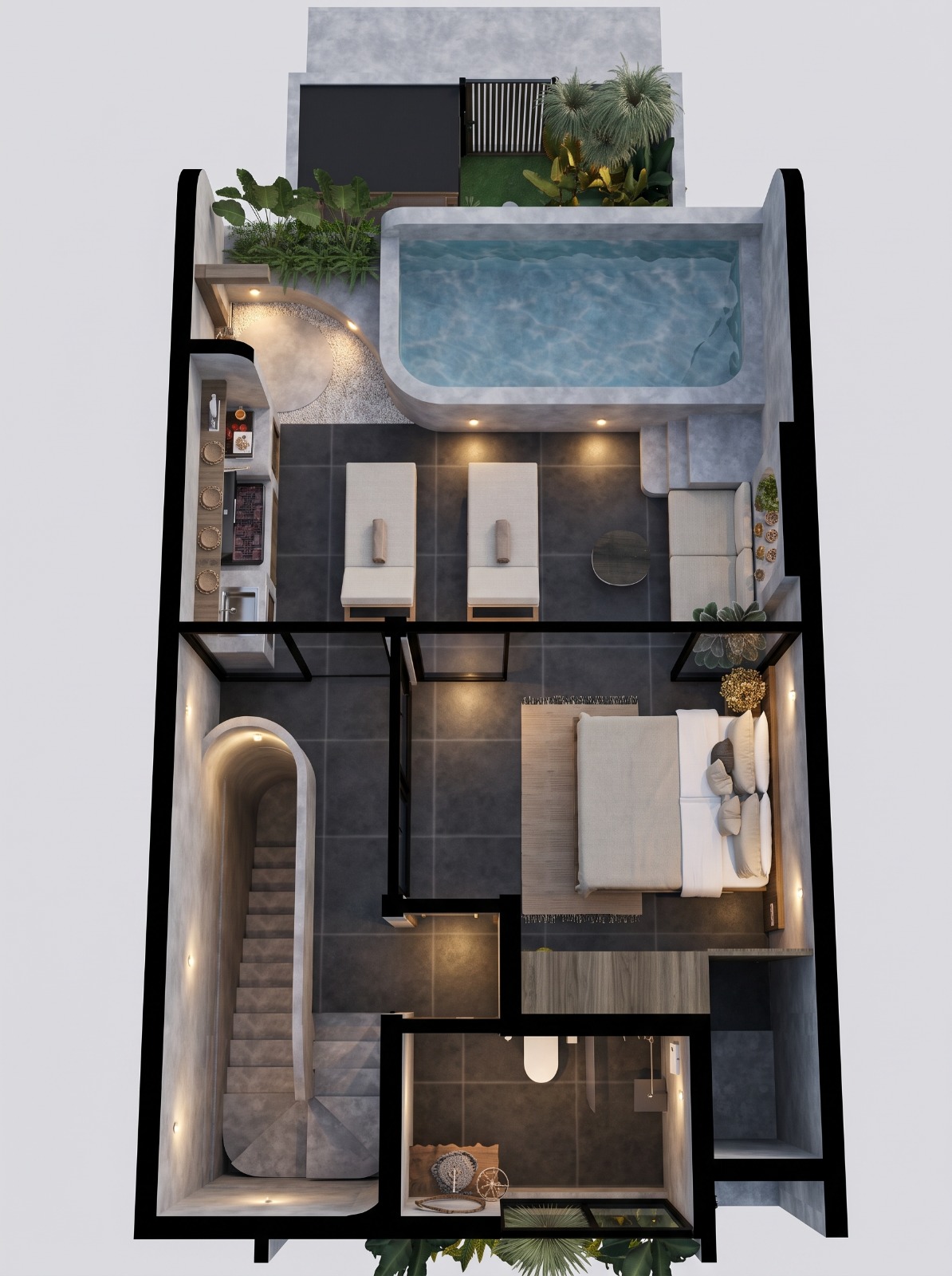 Rooftop plan — pool, sun deck, outdoor kitchen, bedroom, bathroom and stair core. Built envelope 10.80 × 6.45 m